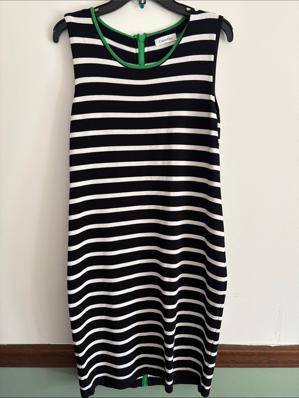 Calvin Klein Black and White Striped Sleeveless Dress with Green Trim